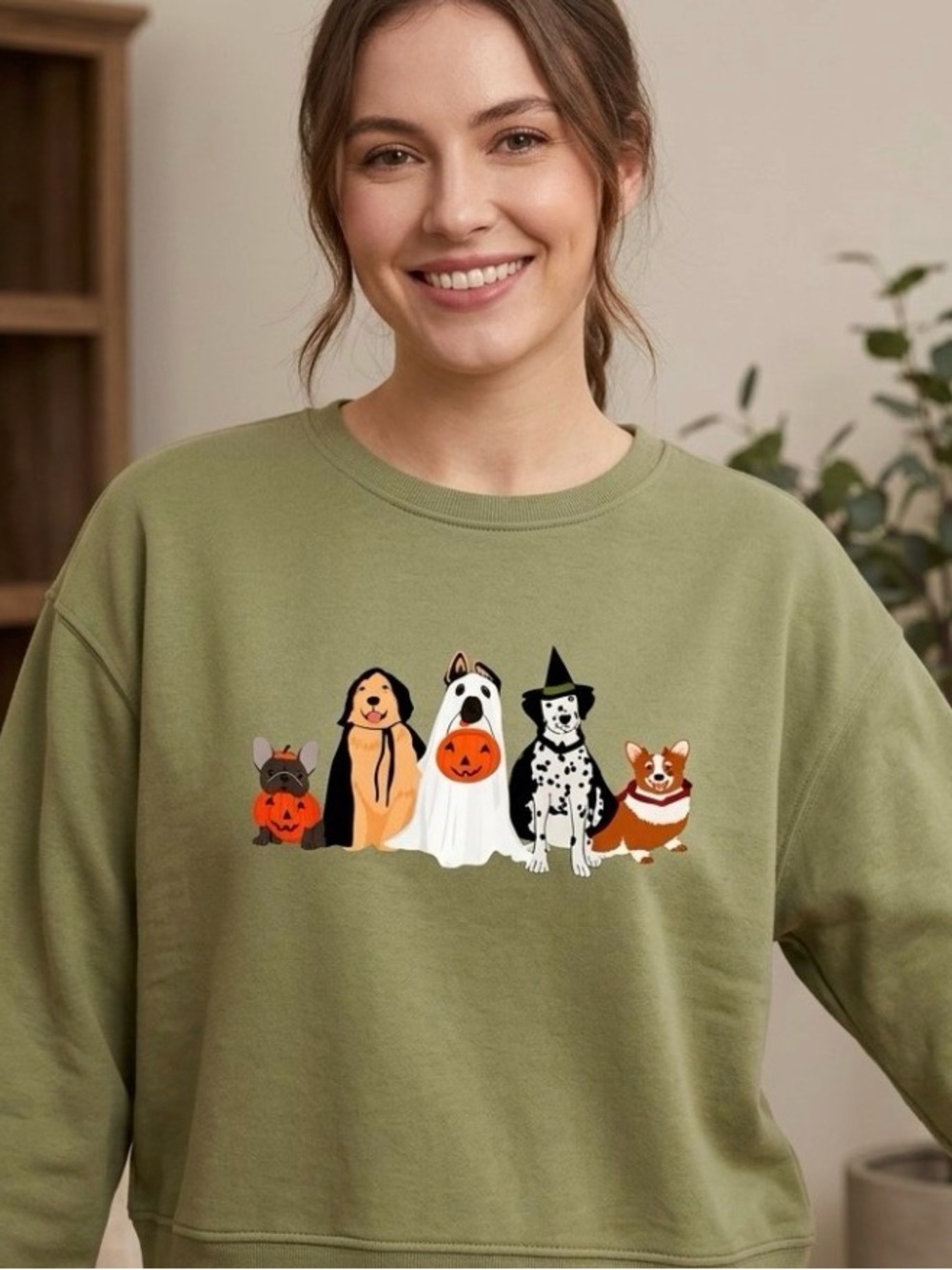 Mia&Tess Olive Green Halloween Dog Crewneck Sweatshirt sz XL EUC